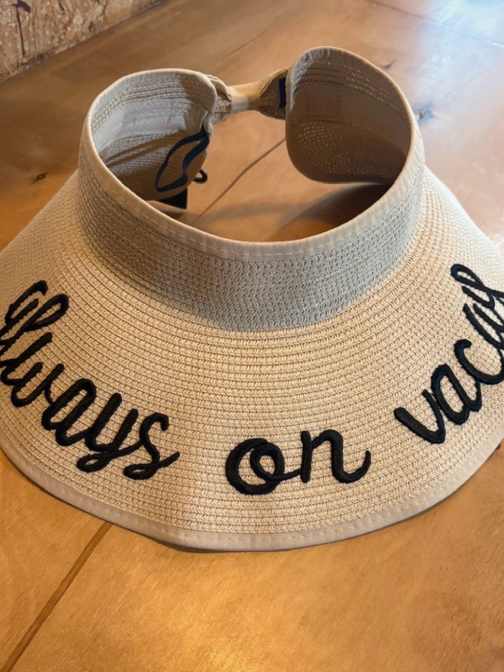 Beige Straw Visor with Black 'Always on Vacay' Script